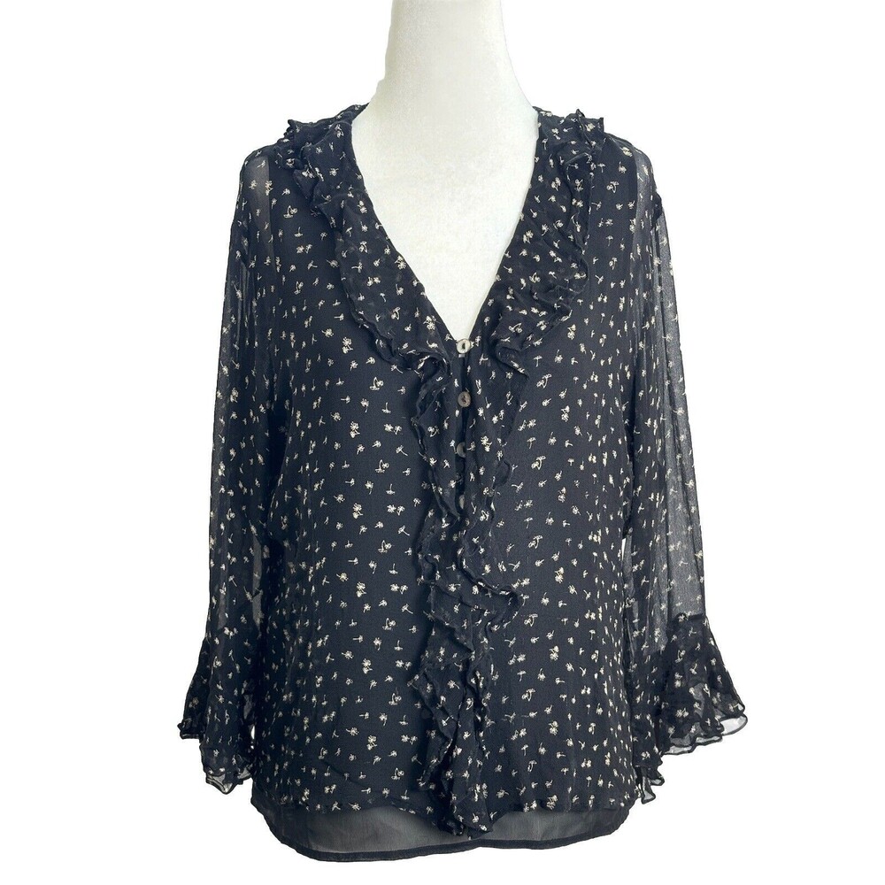 Edward 100% solk blouse XL Black Dainty floral print 90's